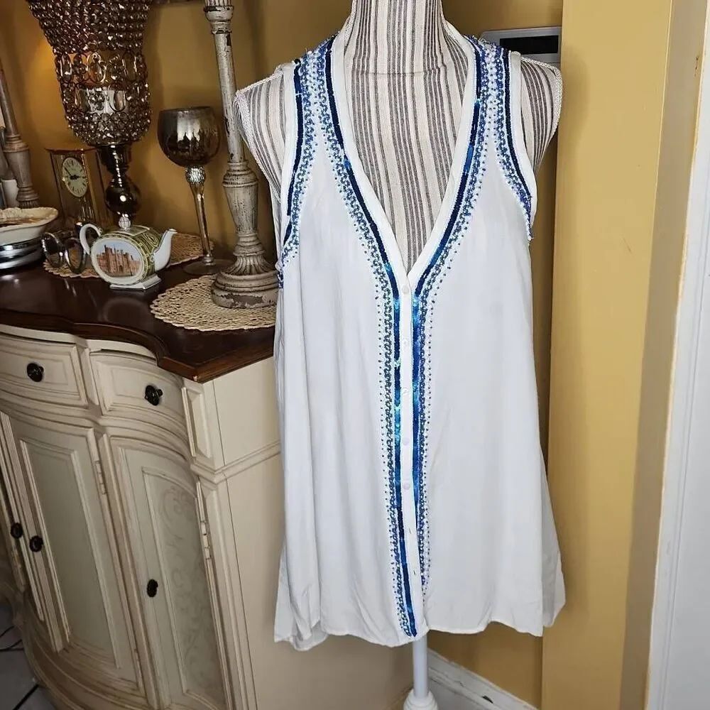 Karen Kane white button down blue beaded tank women's M